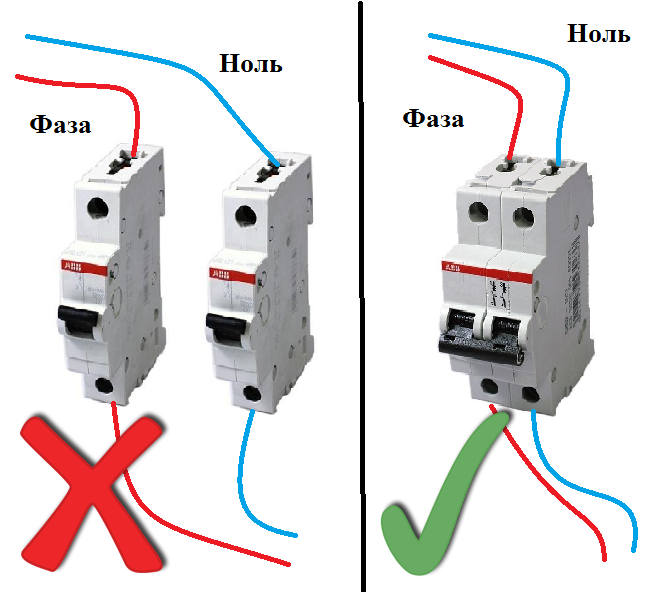 Подключение нулевого провода к АВ.